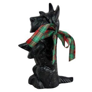 Vintage Scottie Scottish Terrier Dog Door Stop Cast Iron With Plaid Bow 8”